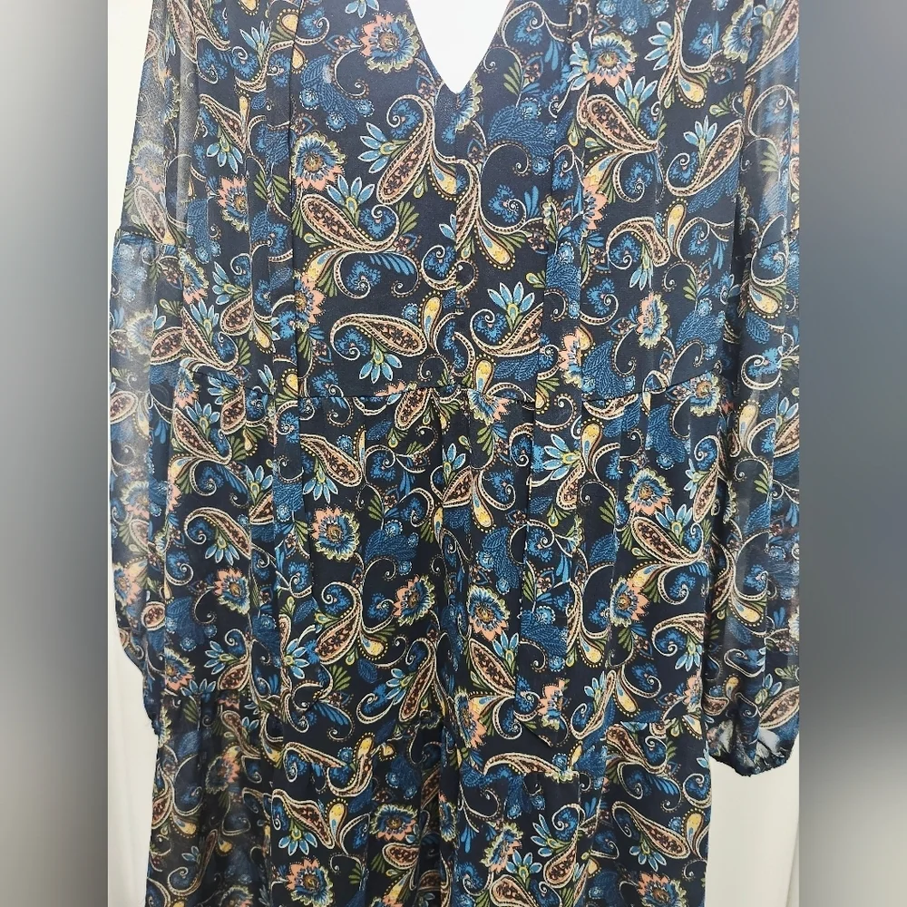Luxology Blue and Gold Paisley Long Sleeve Flowy Dress - Picture 4 of 7